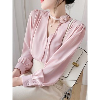 Phong Cách Pháp Nhẹ Nhàng Hoa Hồng Dây Màu Hồng Áo Sơ Mi Nữ Xuân Thu Cao Cấp Niche Sang Trọng Cổ Chữ V Voan Top Ins Thời Trang Phong Cách Hàn Quốc Quần Áo Bán Chạy