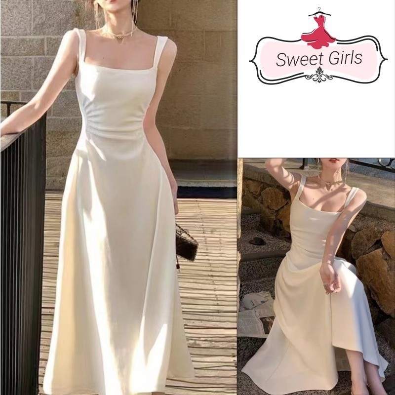 elise Đầm 2 Dây Màu Trắng Váy Dài Thiết Kế Thích Hợp Chít Eo Khí Chất Kiểu Pháp Chữ A Mẫu Mới Năm 2024 Cho Nữ Mùa Hè