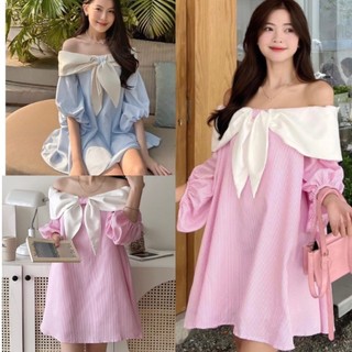 Váy trễ vai tay bồng đính nơ kẻ sọc hồng xanh chất thô mềm, Áo babydoll nữ dáng xoè hở vai hàn quốc ulzzang, SEE