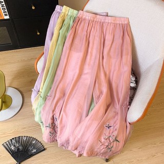 Qianqian QQ Tik Tok Bán Chạy Phong Cách Trung Quốc Thêu Cổ Rộng Quần Nữ Mùa Hè Phong Cách Trung Hoa Rời Drap Thoáng Khí Hai Lớp Mỏng Phong Cách Chia Quần Nóng