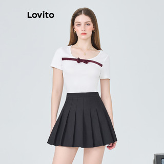 Áo thun Lovito họa tiết nơ phía trước màu trơn phối viền tương phản phong cách thường ngày dành cho nữ L86ED426