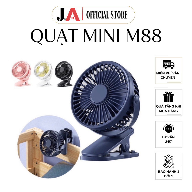Quạt mini để bàn, kẹp bàn 3 tốc độ gió pin tích điện, quạt xoay 360 độ (JA OFFICIAL)