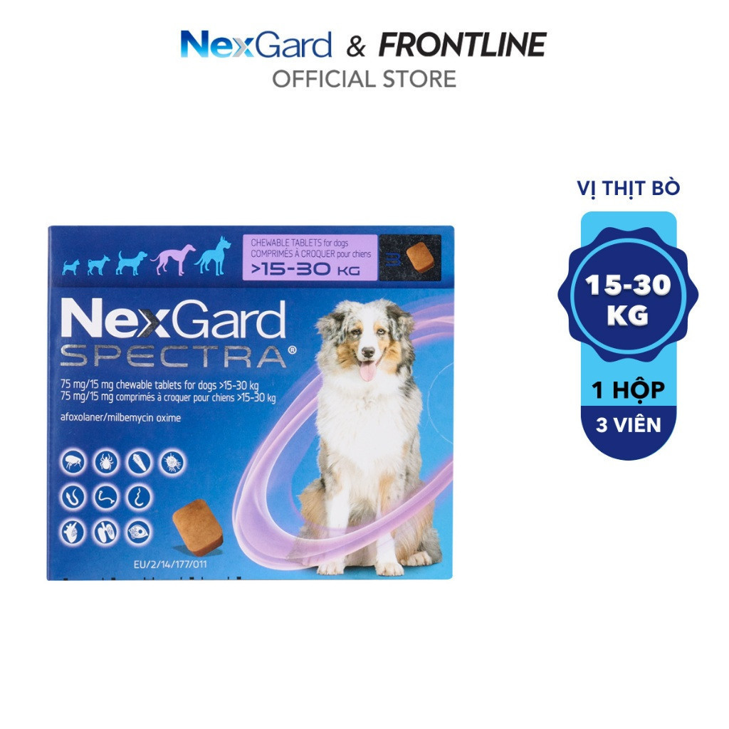 NexGard SPECTRA - Viên nhai phòng &amp; trị nội, ngoại ký sinh (ve, rận, bọ chét, ghẻ Demodex, Sarcoptes, giun) dành cho chó