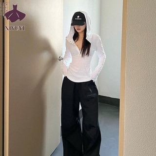 XIYUYI Áo thun nữ màu trắng thoáng khí có mũ trùm đầu chống nắng quần áo hot girl mỏng top