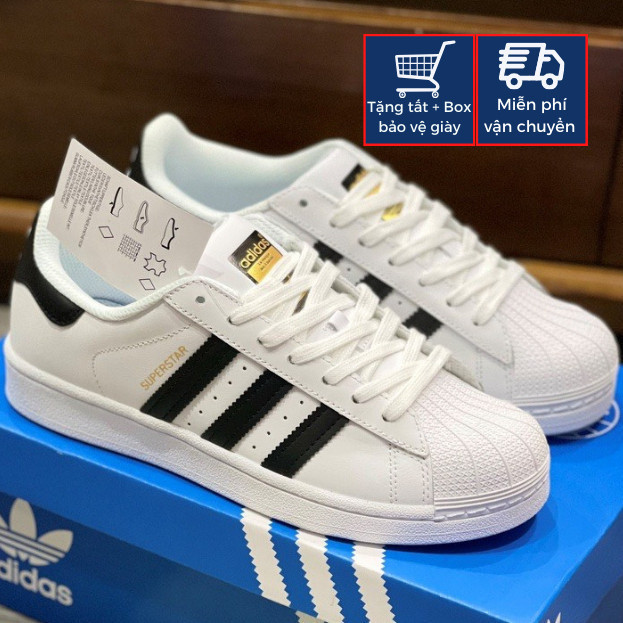 Giày_Adidas Superstar Màu Trắng 3 Sọc Đen Tem Vàng, Giày thể thao nam nữ Adidas mũi sò trắng sọc đen bản S.Cấp full PK Q