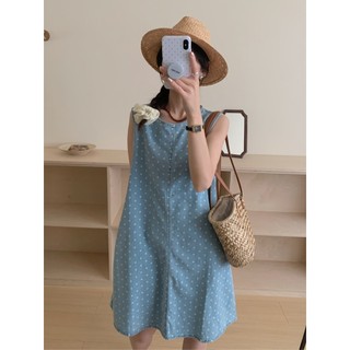 Phong cách Pháp ~ Đầm Denim có thể giặt được mùa hè Váy Vest Denim in chấm bi nhẹ