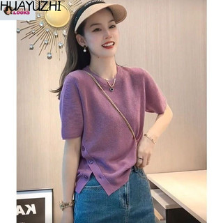 Áo thun dệt kim ruy băng ngắn tay cổ tròn phiên bản Hàn Quốc có đường may mỏng ở viền LWNX