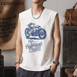 Yazhiniao Áo Vest Nam Không Tay Cotton Nguyên Chất Màu Trơn Xe Máy Mỹ In Hình Rời Đẹp Trai Cotton Áo Vest Nam