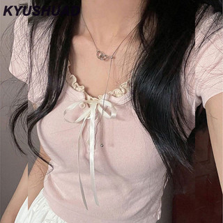 Kyushuad Retro vai ren nơ áo thun ngắn tay cổ chữ V crop top