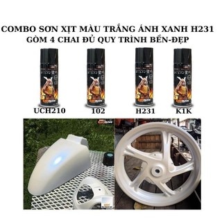  Combo TRẮNG ÁNH XANH DƯƠNG H231   lót uch210- nền trắng 102 - màu h231 -phủ bóng 128 hoặc k1k sơn samurai ae tham khảo 