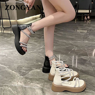 Zongyan Gudetu của ❤ Đế dày dệt kim xăng có khóa kéo, khóa lưng, đá quý lấp lánh, nữ thời trang