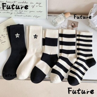 Future Tất dài vừa phải, Tất thể thao Cotton cổ điển thời trang, Mùa xuân mùa hè Phong cách đơn giản Tất đôi màu đen trắng sọc