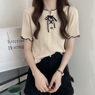 Áo thun dệt kim lụa băng ngắn mùa hè dành cho nữ Áo thun ngắn tay có dây buộc