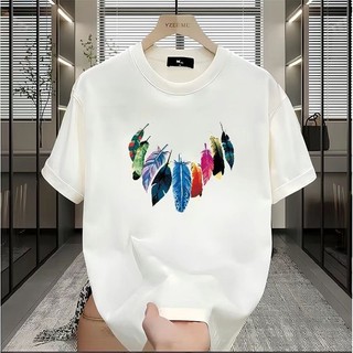 2024 Large M-3XL Thiết kế phổ biến với Áo ngắn tay cổ tròn in hình lông vũ đầy màu sắc dành cho cặp đôi, dáng rộng và đa năng, Áo thun đẹp và thoải mái Top tay ngắn