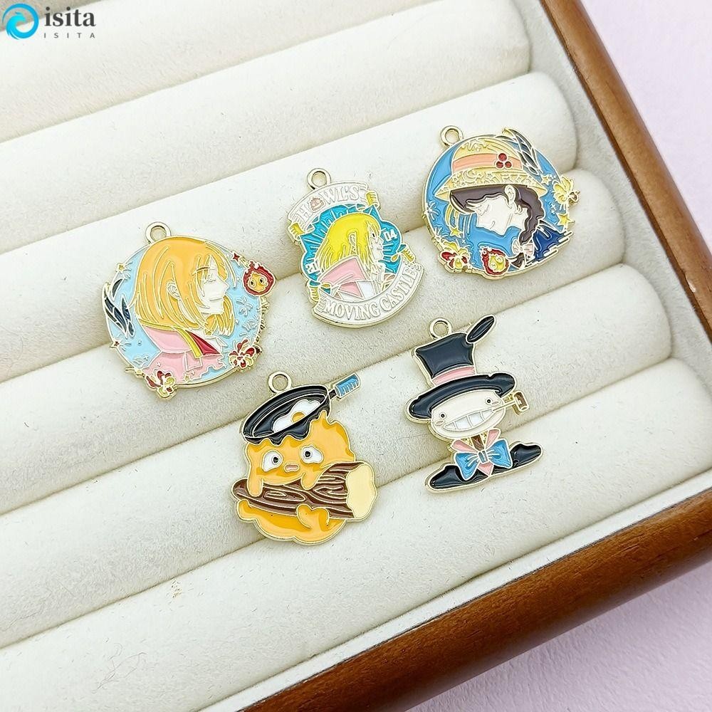 Isita 5 Chiếc DIY Phụ Kiện Mặt Dây Chuyền, Anime Howl 's Moving Castle Craft DIY Handmade Móc Chìa Khóa, Phim Hoạt Hình Cá Tính Phong Cách Hàn Quốc Hợp Kim Trang Sức Làm Vòng Chìa Khóa Ô Tô Đồ Chơi Trẻ Em