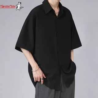 Áo sơ mi phong cách Hồng Kông nam tay ngắn không sắt dáng rộng lụa băng mỏng phong cách Hàn Quốc áo sơ mi thông thường hợp thời trang