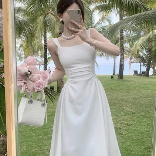 Váy 2 dây Váy trễ vai Váy Cottagecore bigsize Đầm dự tiệc Váy dài trắng Sling Màu Trơn Đầm Pháp Slim fit Sang Trọng 2024 Phong Cách Mới Nhẹ Nhàng Váy Dài Mùa Hè