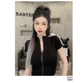 Phiên Bản Hàn Quốc Thời Trang Tương Phản Màu Thanh Dây Kéo Áo Thun Nữ Tay Ngắn Mùa Hè Thường Ngày Hàng Đầu