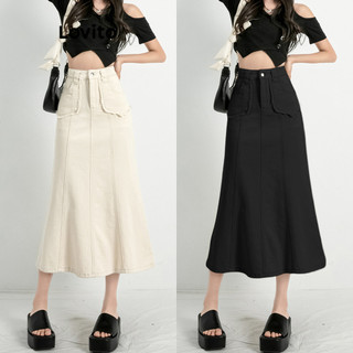 Chân váy denim Lovito midi đuôi cá dây kéo phối túi màu trơn thường ngày cho nữ LNE09201 (Mơ)