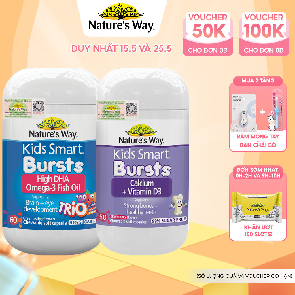 Combo Kẹo Dẻo Nature's Way Kids Smart Calcium + Vitamin D3 Burstlets và Viên Dầu Cá Nature's Way Omega-3 Fish Oil Trio