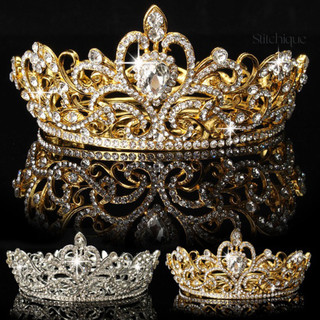 Stitchique _ Elegant Lady Sáng Bóng Kim Cương Giả Tròn Vương Miện Tiara Cưới Cuộc Thi Trưởng Cô Dâu