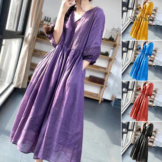 Stitchique _ Đầm Midi Nữ Cổ Chữ V Ren Chắp Vá Màu Trơn Bong Bóng Tay Rời Xếp Ly Mềm Nửa Tay Lớn Viền Nữ Hẹn Hò Prom Dess