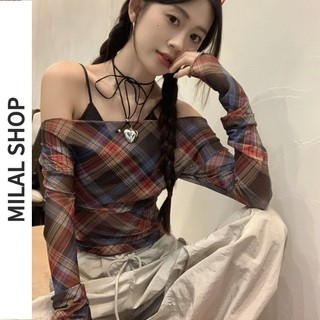 Áo thun nữ hở vai kẻ sọc cổ điển lưới mỏng thời trang