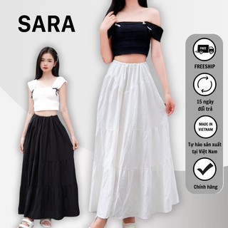 SARA Chân Váy Midi Dài Tơ Xước Xòe Tầng Cạp Dây Rút Hai Lớp Siêu Xinh Hack Dáng Mã TD075