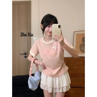 Zhu Xia Áo Thun Nữ Phong Cách Hàn Quốc Khâu Màu Sắc Tương Phản Cổ Tròn Tay Ngắn Tình Yêu Thỏ Ngọt Ngào Bé Gái Áo Thun Eo Mỏng Áo Ngắn