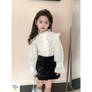 10-28kg Set áo sơ mi tay bèo mix chân váy kim sa sang chảnh cho bé gái