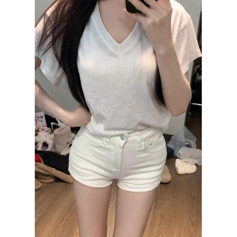 Quần short nữ phong cách mới hot girl sexy quần short denim nữ cơ bản co giãn cạp cao quần short nữ | BigBuy360 - bigbuy360.vn