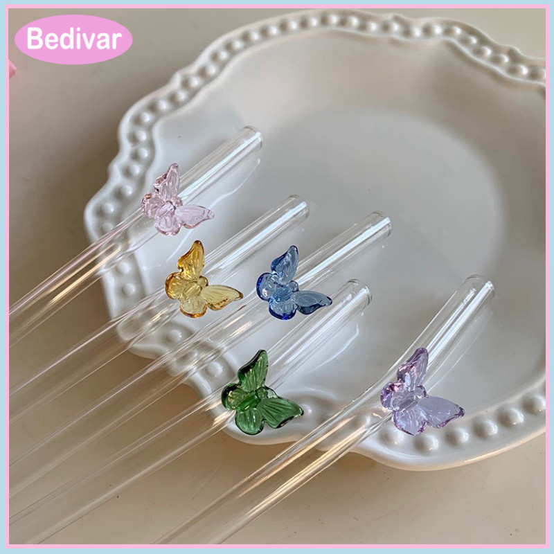 Bedivar Ống Hút Thủy Tinh Thẳng, Họa Tiết Nơ Hoa Bướm Mây 18 Cm