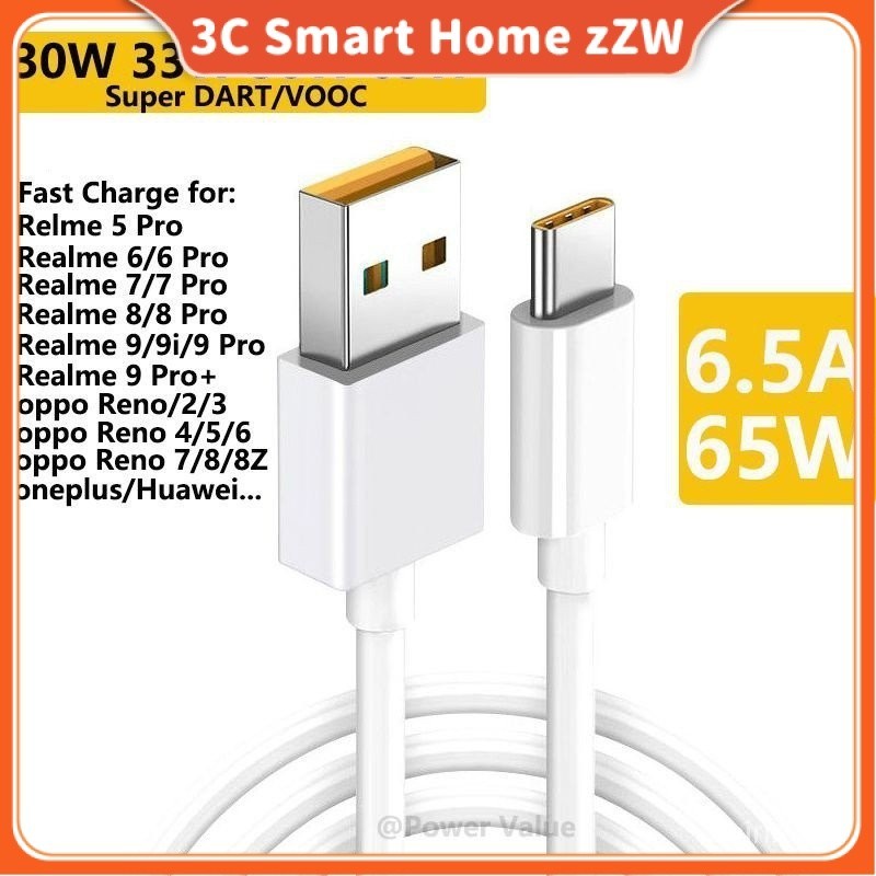 Cáp USB Type C 2M 6.5A 65W 30W cho Realme 5 6 7 8 9 10 Pro Sạc Turbo Sạc Dây Đồng Bộ Dữ Liệu