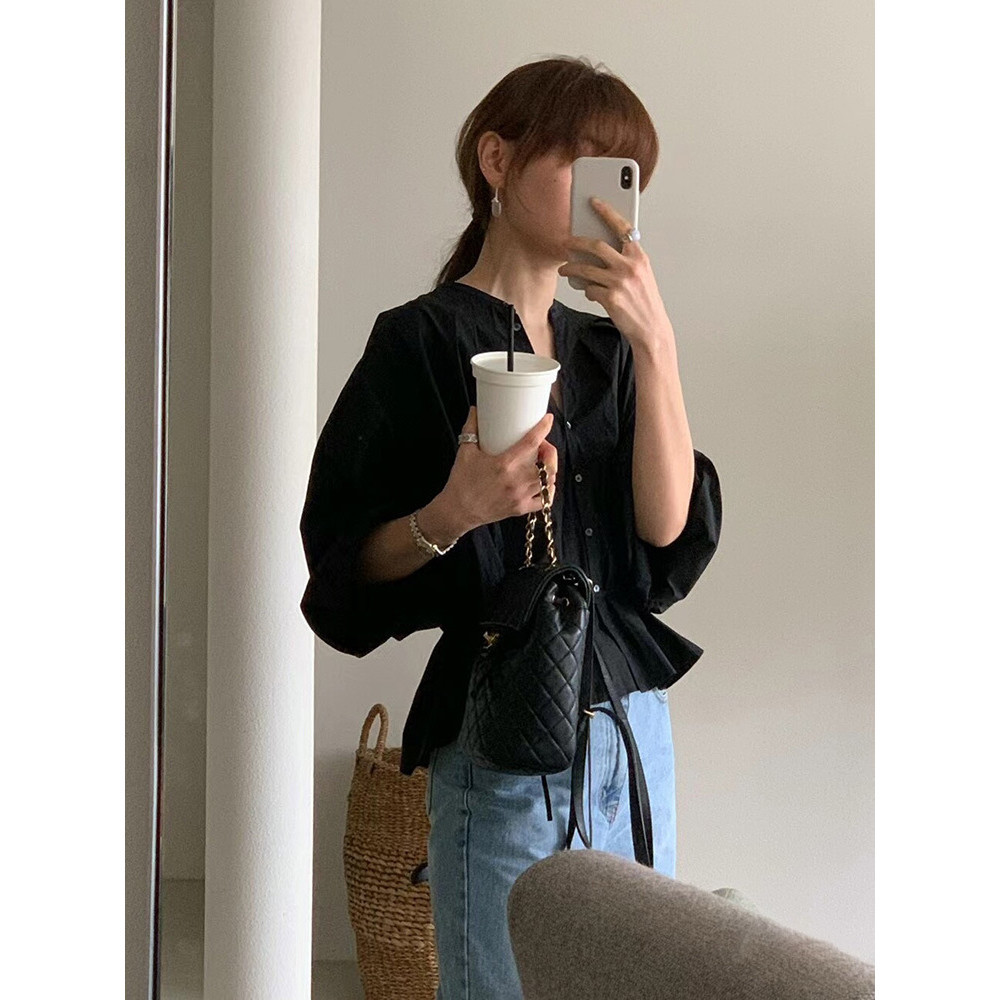 [Sr-studio] Ounce Ready Stock Bat Tay áo màu đen Dây đeo mỏng hơn Áo sơ mi nữ màu trơn Quần áo nữ ca