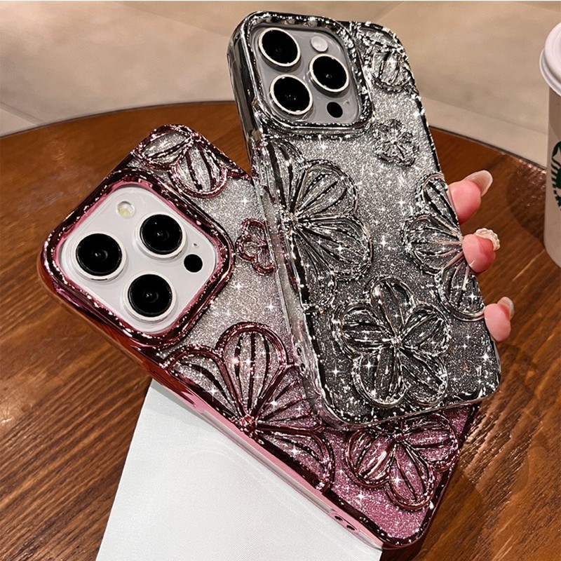 Ốp điện thoại hoa lấp lánh màu mạ điện cho iPhone 16 11 12 13 14 15 pro max 15 16 plus Vỏ mềm bảo vệ ống kính chống rơi Vỏ bảo vệ điện thoại