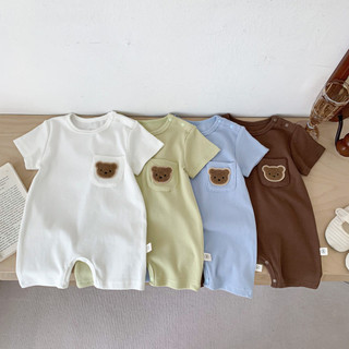 Ins Mùa Hè Cho Bé Tay Ngắn Áo Liền Quần Gấu Mỏng Nam Nữ Cho Bé Nút Vai Cổ Tròn Jumpsuit Romper