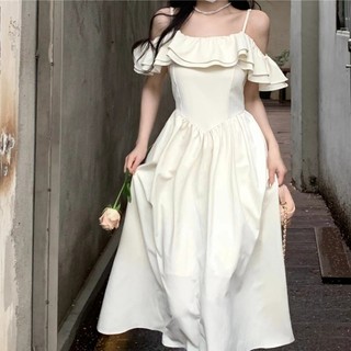 Váy lệch vai 2 dây, váy dài xù kiểu Pháp mùa hè dành cho nữ