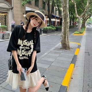 Đầm Mùa Hè Plus Kích Thước Mỡ mm Đầm Xù Khâu Áo Thun Nữ Tay Ngắn Thiết Kế Giữa Chiều Dài Niche Áo Thun Váy