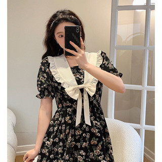 Đầm Nơ Hoa Đen Cổ Hải Quân Pháp Tính Khí Quần Áo Nữ