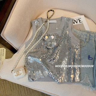 Áo Vest bạc dệt kim thêu sequin 2024 Áo mùa hè dành cho nữ