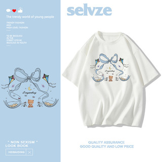 SELVZE Áo thun cotton thoáng khí cổ điển in nơ thời trang dáng rộng cổ tròn tay ngắn dáng rộng dành cho nữ