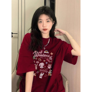 HANUNA Local Brand Áo Thun Phông Form Rộng 100% Cotton BIG SIZE Áo thun ngắn tay màu đỏ rượu vang dành cho nữ dáng rộng mùa hè Thiết kế thích hợp nửa tay Top ins
