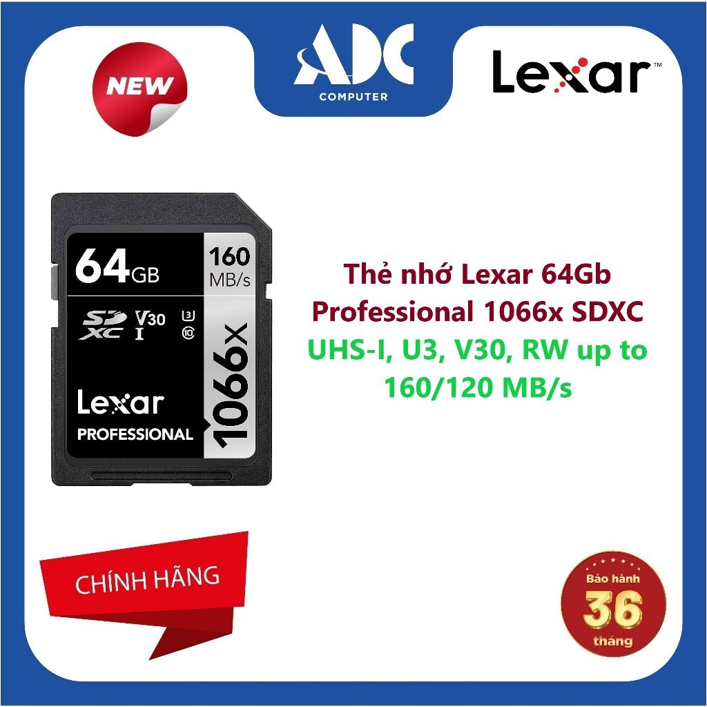 Thẻ nhớ Lexar 64Gb Professional 1066x SDXC UHS-I, U3, V30, RW up to 160/120 MB/s