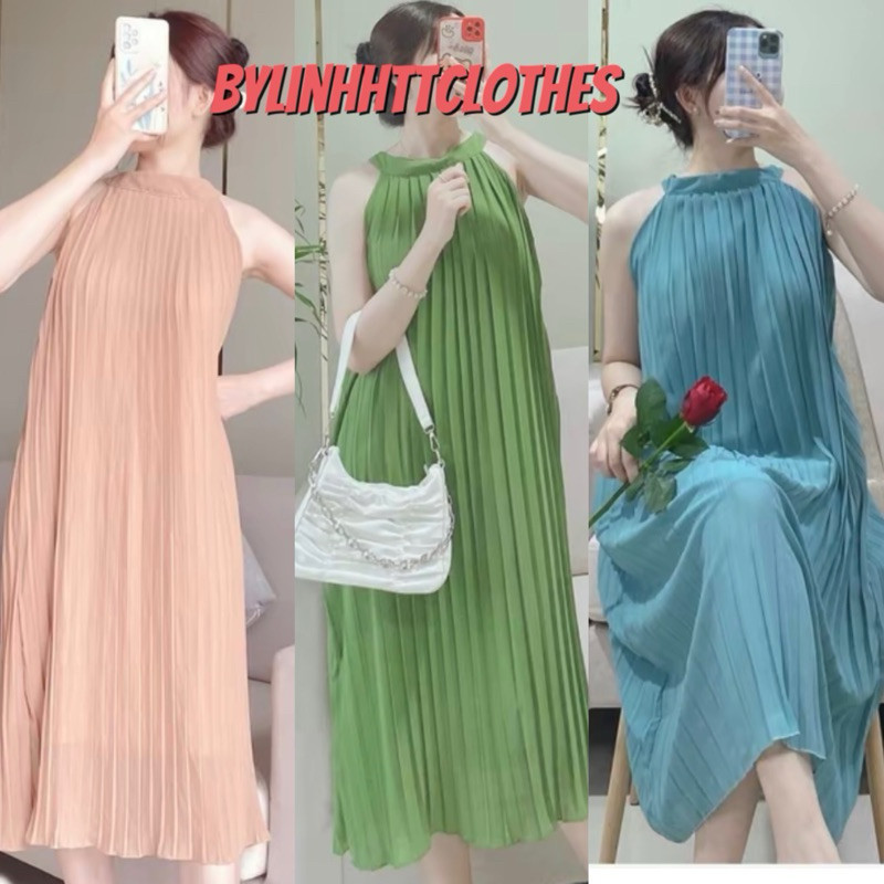 Váy suông xếp ly cổ yếm Basic dáng dài váy bầu 2 lớp đầm maxi đầm freesize đầm yếm Linhhtt Linh Htt