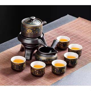 Bộ Ấm Trà Cối Xay Gốm Sứ Retro Lòng Trắng Hoa Vàng 6 Tách Cao Cấp - Hoa Văn Sắc Sảo