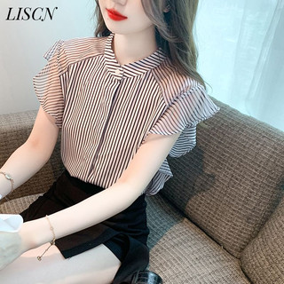 Liscn Áo sơ mi voan tay ngắn sọc họa tiết thời trang quần áo nữ GM2453IW9