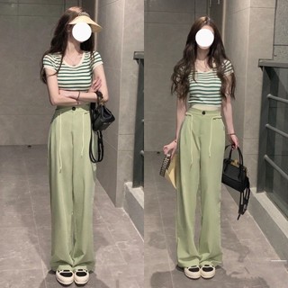 Bộ phù hợp với nữ mùa hè mới thời trang sọc dệt kim tay ngắn + giảm béo phù hợp với quần thời trang đơn / hai bộ
