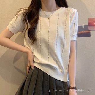 Mùa hè mới 2024 áo len sọc dọc rỗng mùa hè áo sơ mi tay ngắn dáng rộng mùa hè