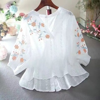 Nhiều Màu Nguyên Chất Cotton Ren Đèn Lồng Tay Áo Sơ Mi Nữ Mùa Hè Phong Cách Mới Thường Ngày Tất Cả Trận Đấu Thêu Cổ Chữ V Plus Kích Thước Top