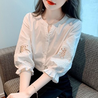 0612 Mùa Hè Mới Ngắn Tay Áo Sơ Mi Voan Nữ Phong Cách Mới Tay Phồng Giữa Tay Top Sang Trọng Nửa Tay Áo Sơ Mi